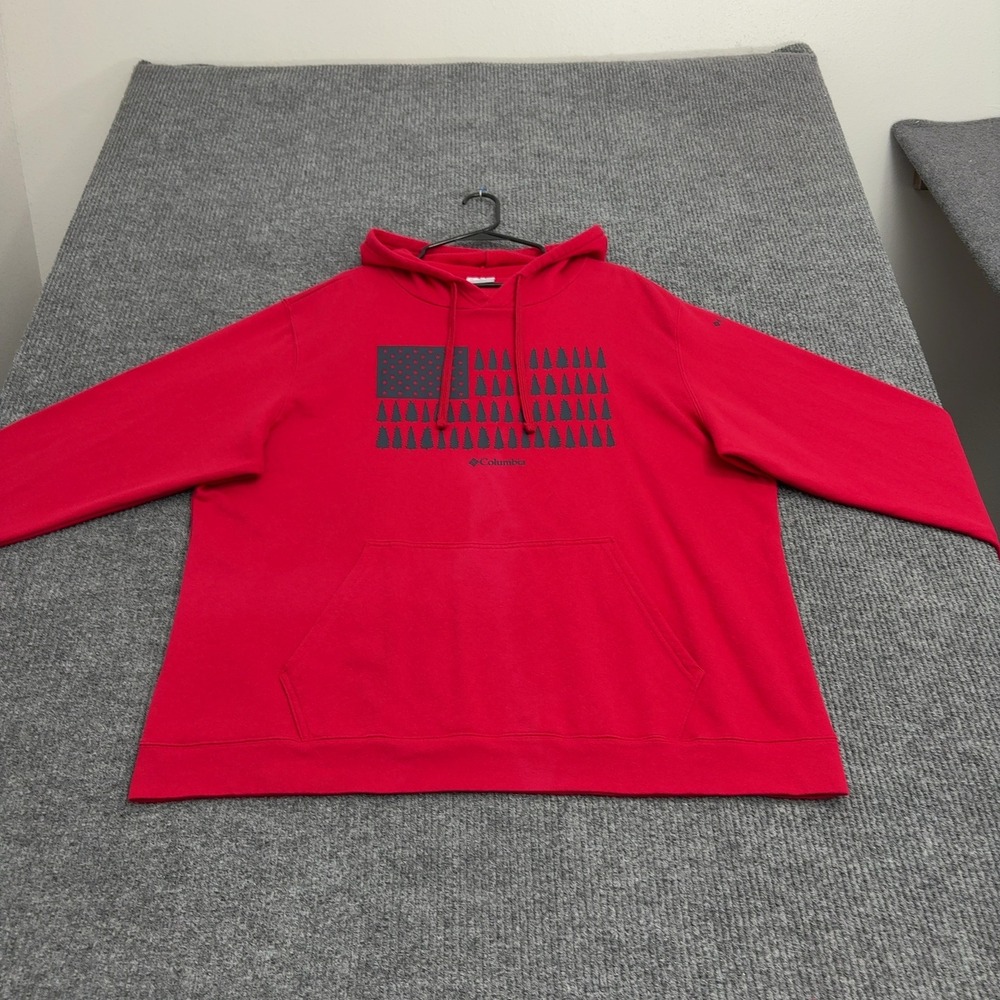 Columbia Hoodie Mens XXL Red Cotton Polyester Tree Flag Graphic Outdoor Casual